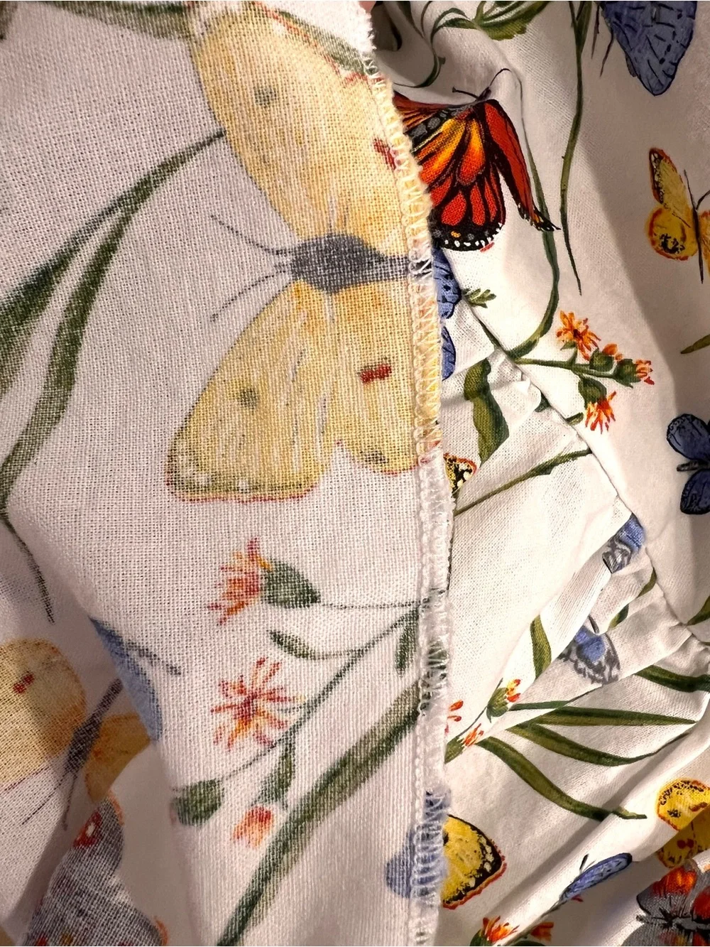 Handmade Butterfly Floral Tiered Midi Skirt White Cotton Red Yellow Blue Ruffle